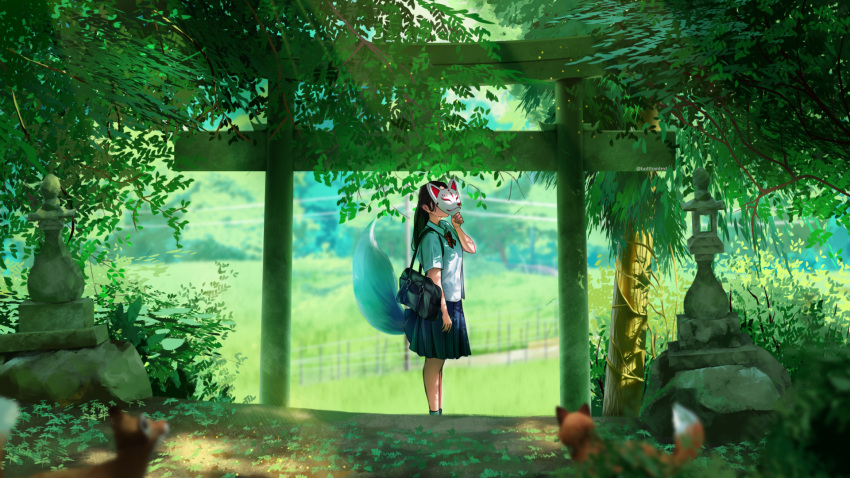 1girl, bag, black_bag, black_hair, blue_skirt, blurry, botttomtext, bow