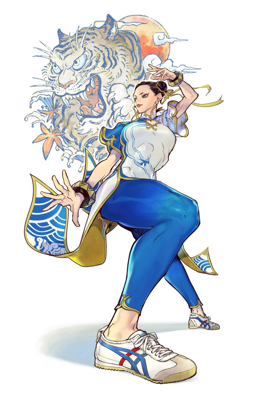 1girl, absurdres, alternate_footwear, asian, black_hair, blue_leggings, bracelet, capcom, china_dress, chinese_clothes, chun-li, double_bun, dress, eyeshadow, fighting_stance, full_body, graffiti, hair_bun, hair_ribbon, highres, jewelry, kung_fu, leggings, makeup, official_art, onitsuka_tiger, pelvic_curtain, product_placement, ribbon, shoes, short_hair, sneakers, solo, street_fighter, street_fighter_6, tamio, thick_thighs, thighs, tiger, twisted_torso, white_dress