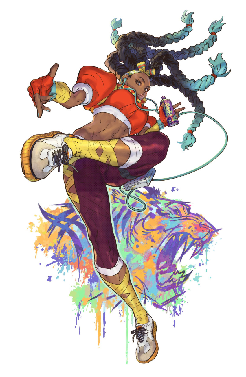 1girl, absurdres, alternate_footwear, arm_wrap, black_hair, bow_hairband, breasts, brown_eyes, cable, capcom, capri_pants, colored_shoe_soles, colored_tips, cropped_jacket, dark-skinned_female, dark_skin, earphones, earphones, fingerless_gloves, gloves, graffiti, green_hair, hairband, highres, hip_vent, jacket, kimberly_(street_fighter), leg_wrap, linea_alba, lips, long_hair, looking_at_viewer, lowleg, lowleg_pants, medium_breasts, midriff, multicolored_hair, official_art, onitsuka_tiger, orange_gloves, orange_jacket, pants, pose, product_placement, puffy_short_sleeves, puffy_sleeves, quad_braids, second-party_source, shoes, short_sleeves, sneakers, solo, spray_can, street_fighter, street_fighter_6, tamio, tiger, toned, very_dark_skin, walkman, yoga_pants
