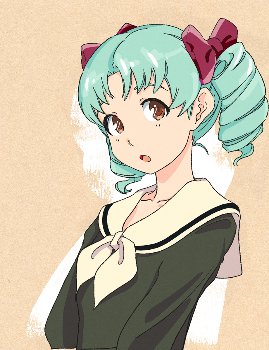 1girl, aqua_hair, brown_eyes, drill_hair, hair_ribbon, highres, idolmaster, idolmaster_million_live!, lillian_girls'_academy_uniform, looking_at_viewer, maria-sama_ga_miteru, open_mouth, orange_background, ribbon, sailor_collar, school_uniform, serafuku, simple_background, solo, takahashi_ren, tokugawa_matsuri, twin_drills, upper_body