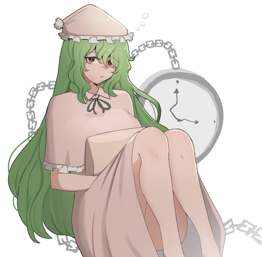 1girl, bare_legs, chain, clock, english_commentary, frilled_nightgown, green_hair, hat