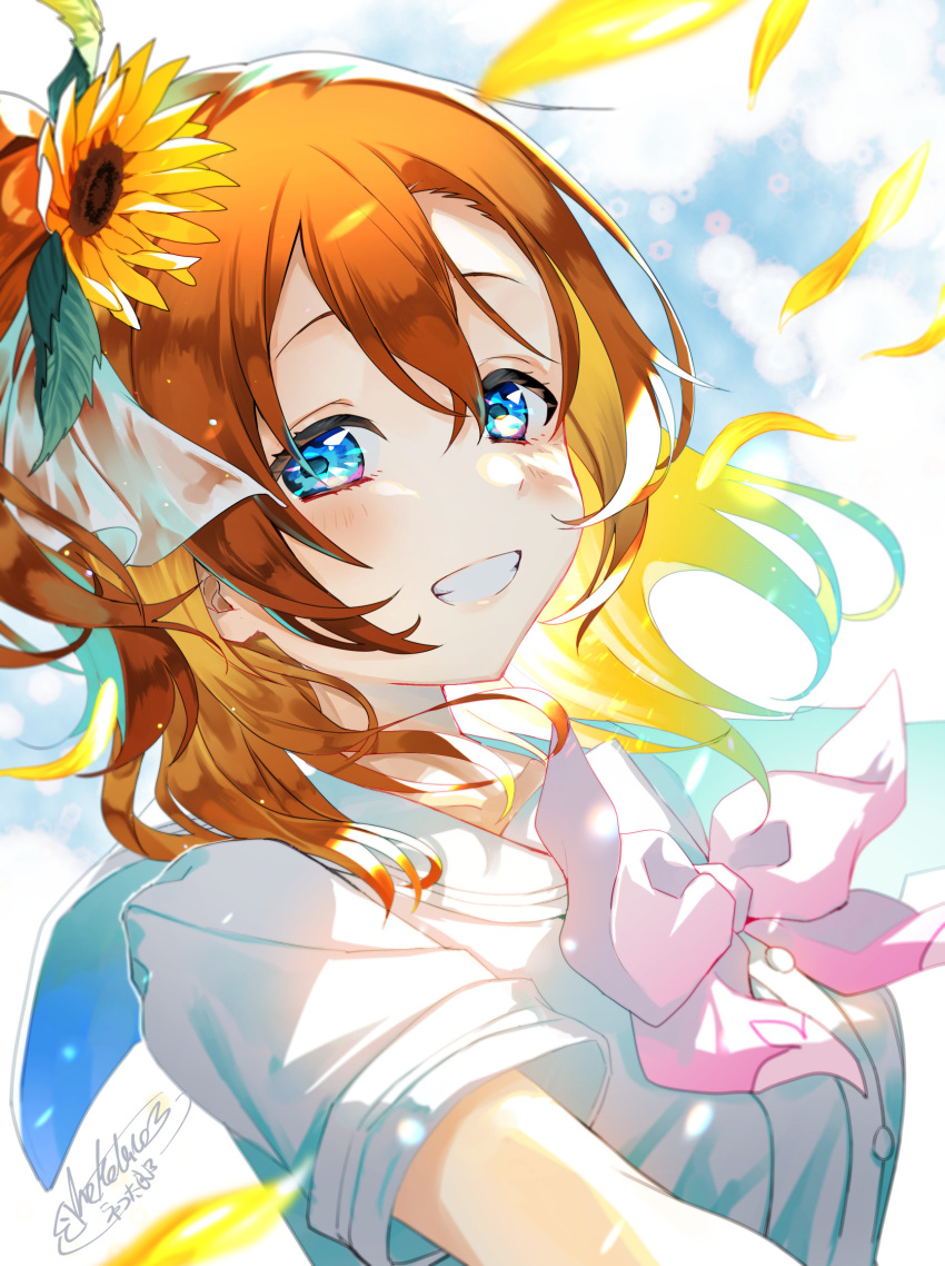 1girl, a_song_for_you!_you?_you!, bangs, birthday, blue_eyes, breasts, commentary, flower