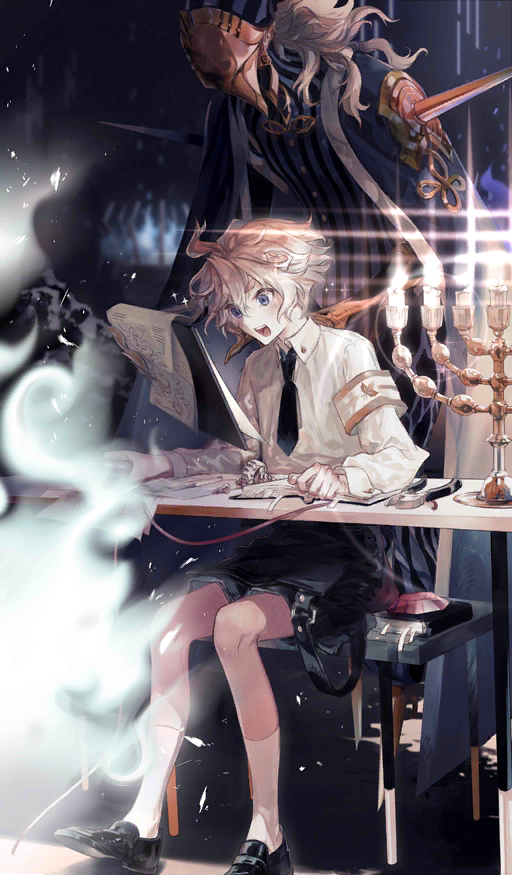 2boys, androgynous, avicebron_(fate), bad_source, blonde_hair, blue_eyes, candle, candlelight
