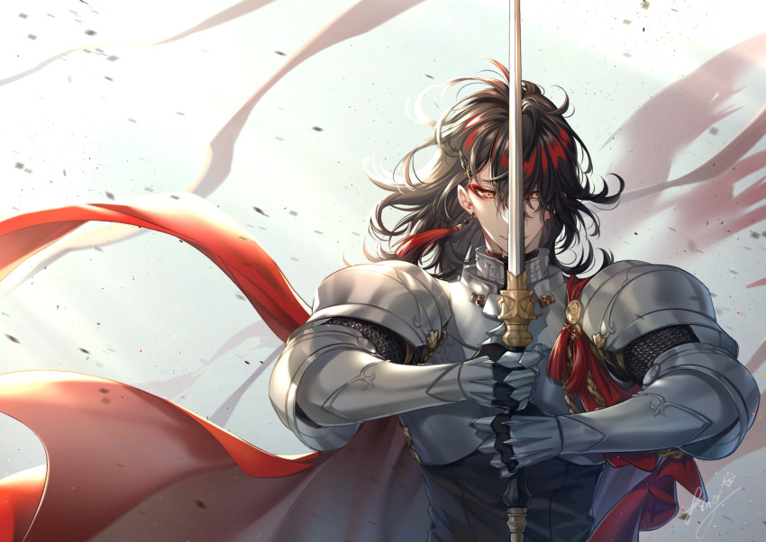 1boy, armor, bangs, black_hair, breastplate, cape, closed_mouth, commentary