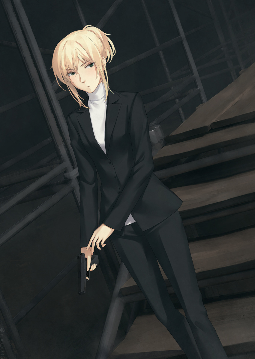 1girl, black_jacket, black_pants, chateau_dankworth, dutch_angle, expressionless, formal, green_eyes, gun, highres, holding, holding_gun, holding_weapon, jacket, koroshi_ai, looking_at_viewer, miura-n315, pants, pistol_grip_(fencing), short_ponytail, sidelocks, solo, stairs, suit, sweater, turtleneck, weapon, white_sweater