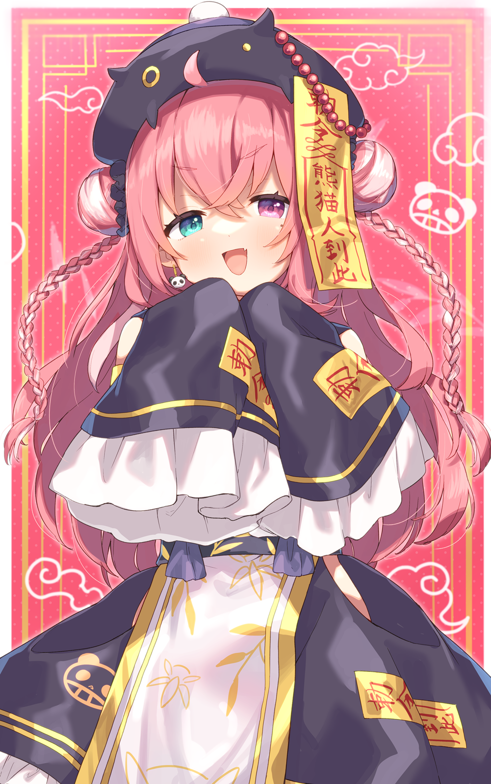 1girl, :d, ahoge, black_headwear, blue_eyes, braid, double_bun, dress_shirt