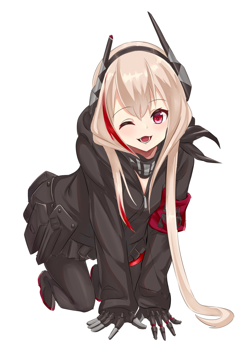 1girl, absurdres, all_fours, aqua_hair, armband, black_jacket, girls_frontline, headgear