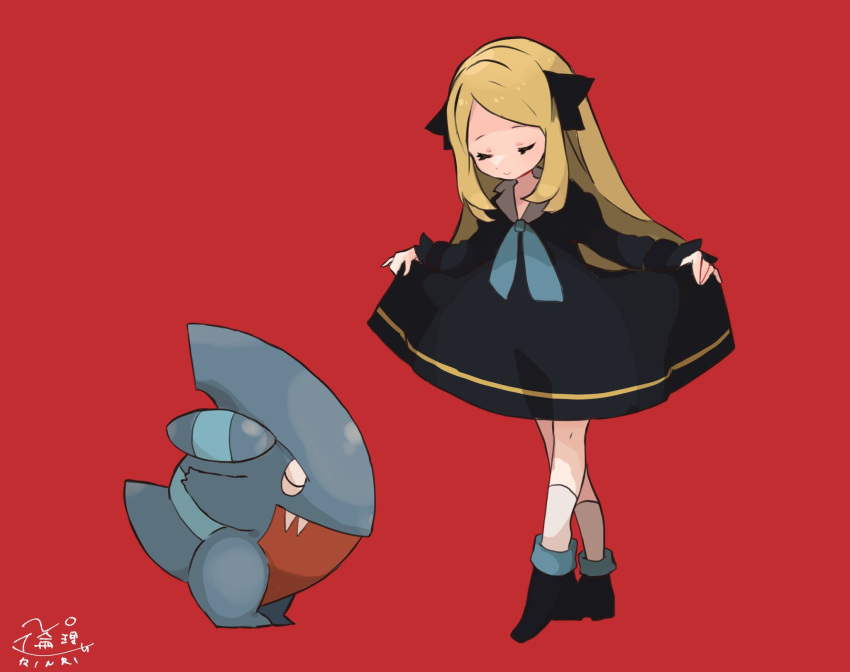 1girl, 1other, bangs, black_dress, black_footwear, black_ribbon, blonde_hair, blue_footwear