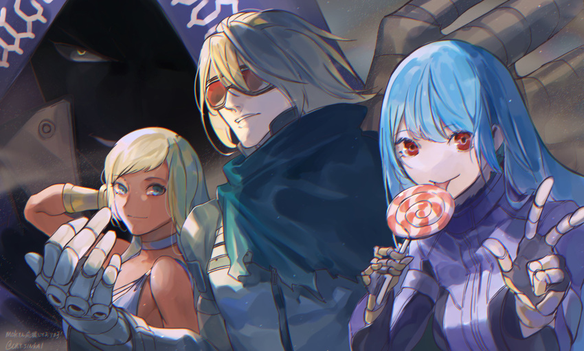 2boys, 2girls, absurdres, alternate_color, arm_behind_head, artist_name, bangs, bare_shoulders