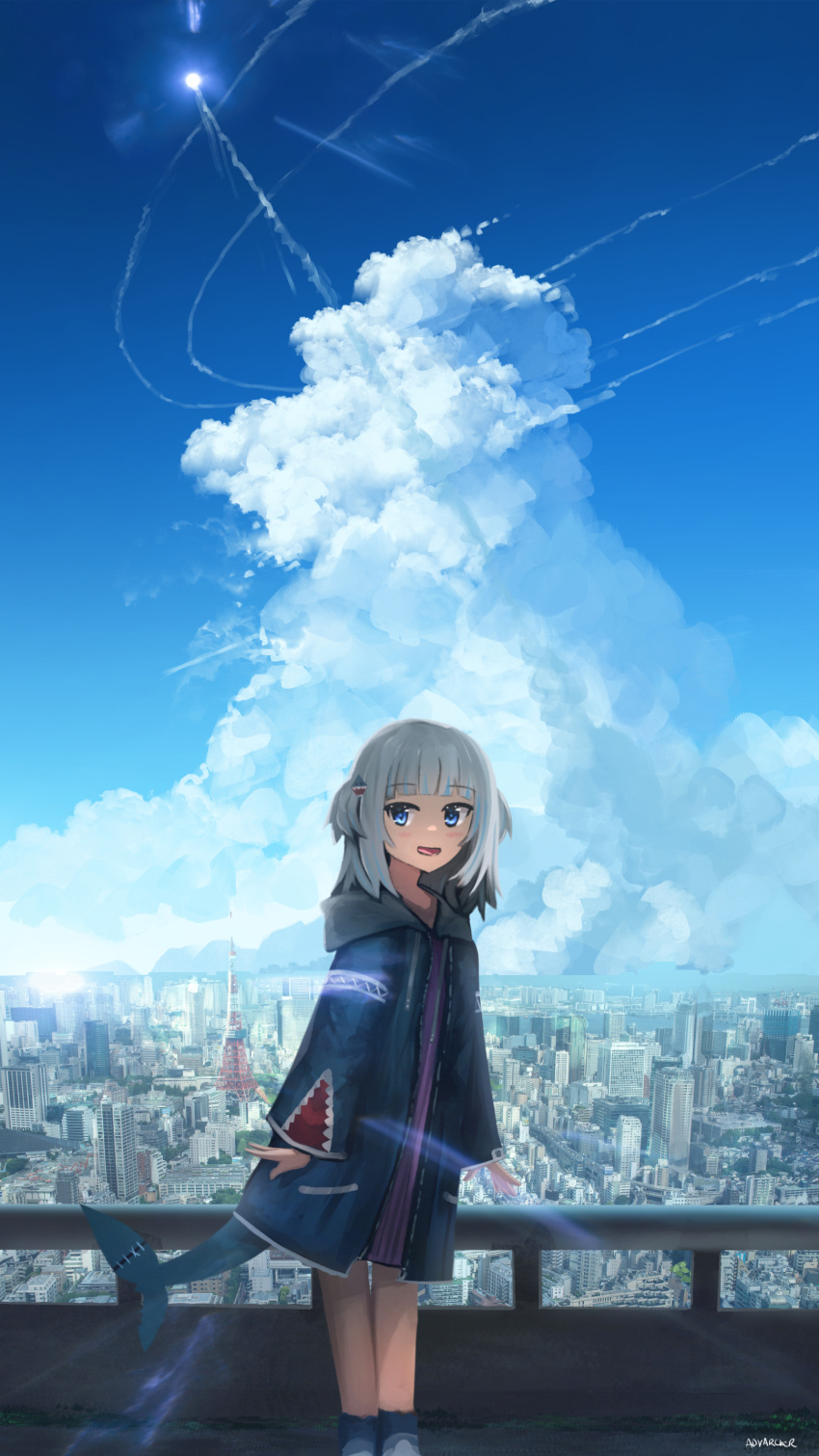 1girl, absurdres, animal_costume, animal_hood, anonamos, artist_name, bangs, blue_eyes