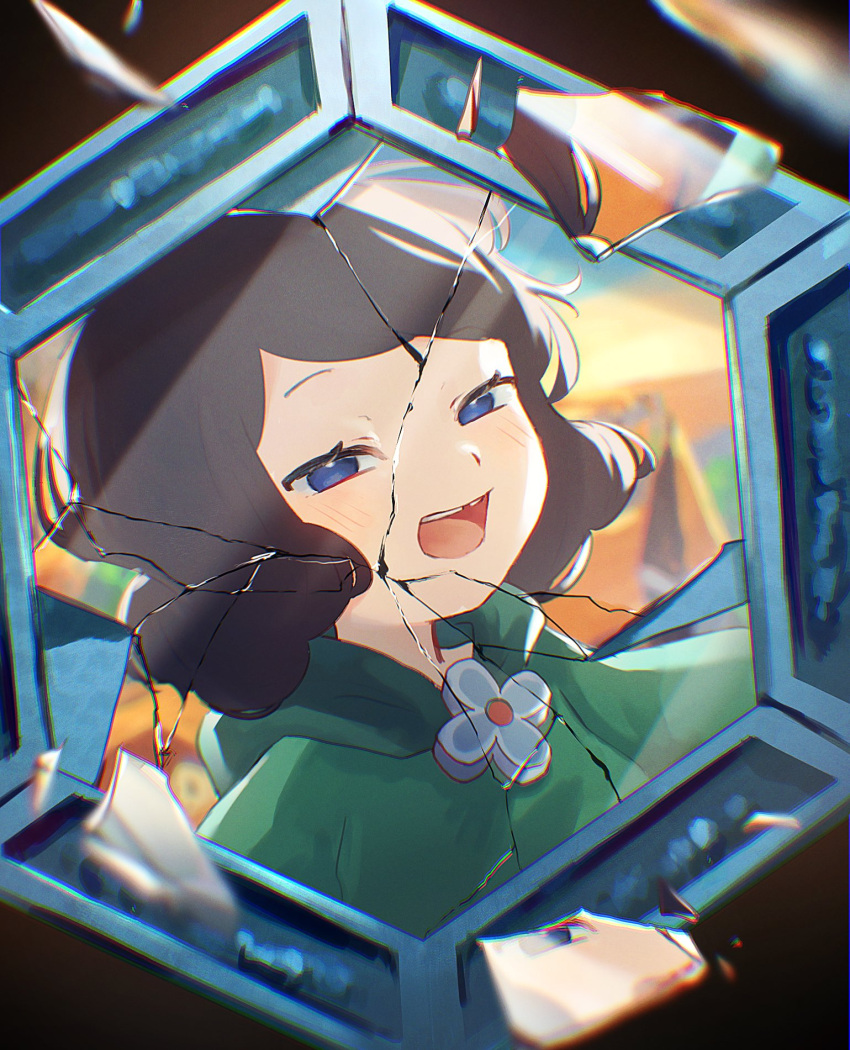 1girl, black_hair, blue_eyes, breaking, broken_mirror, cape, child, curly_hair