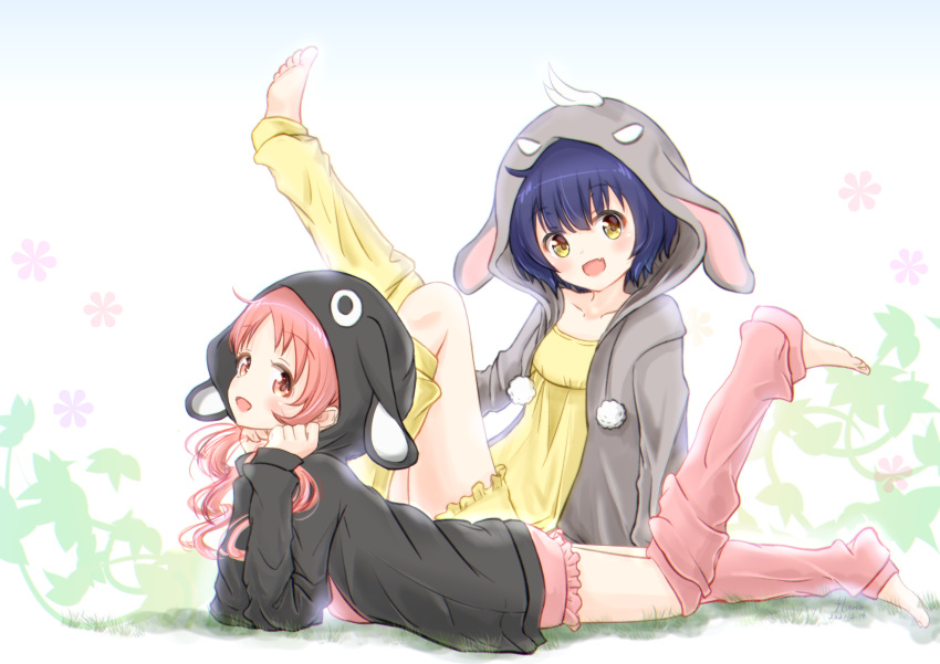 2girls, :d, animal_ears, animal_hood, anko_(gochiusa), barefoot, black_jacket, blue_hair