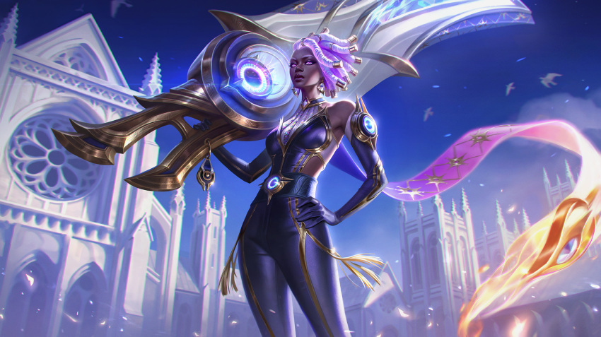 1girl, alternate_costume, bird, church, collar, dark-skinned_female, dark_skin, dress, dust, ear_piercing, earrings, elbow_gloves, gem, gloves, gun, hand_on_hip, highres, jewelry, jyurtsev, league_of_legends, leggings, light_particles, outdoors, over_shoulder, piercing, prestige_lunar_eclipse_senna, purple_hair, scarf, senna_(league_of_legends), sky, solo, stud_earrings, tight, violet_eyes, weapon, weapon_over_shoulder