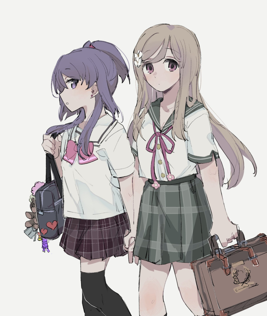2girls, aika_himena, an_sin, arm_at_side, arms_at_sides, bag, bangs, black_socks