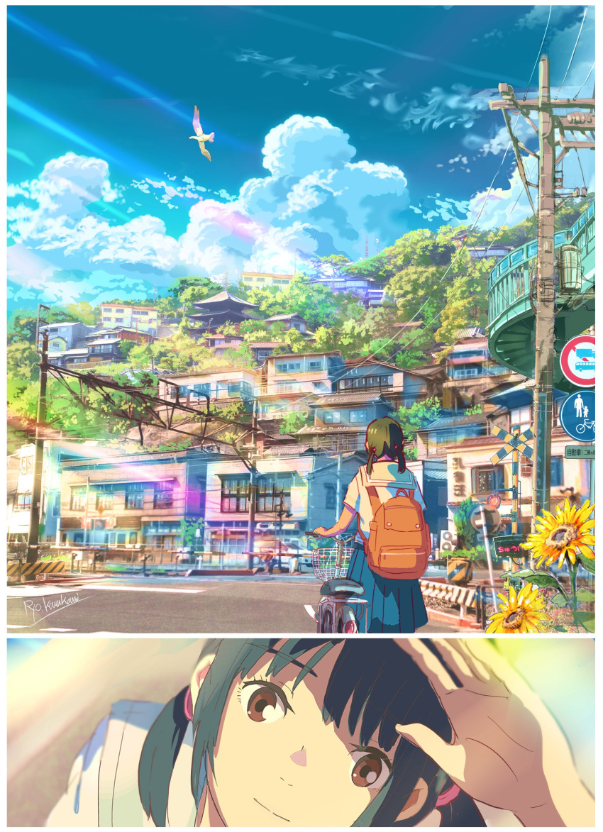 1girl, absurdres, backpack, bag, bangs, bicycle, bird, black_hair