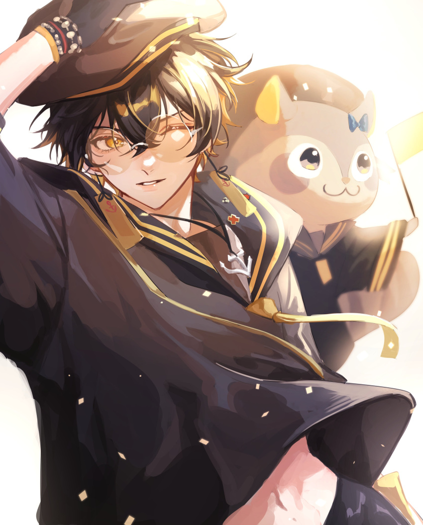 1boy, absurdres, anchor_necklace, animal, bangs, beret, black_gloves, black_hair