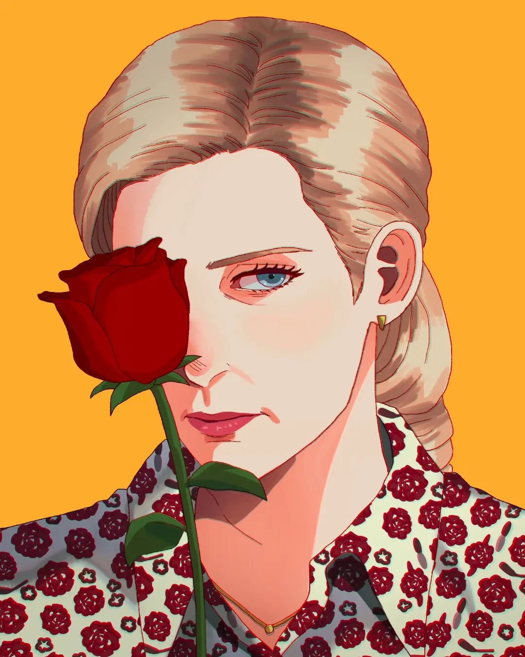 1girl, better_call_saul, blonde_hair, blue_eyes, earrings, floral_print, flower, highres