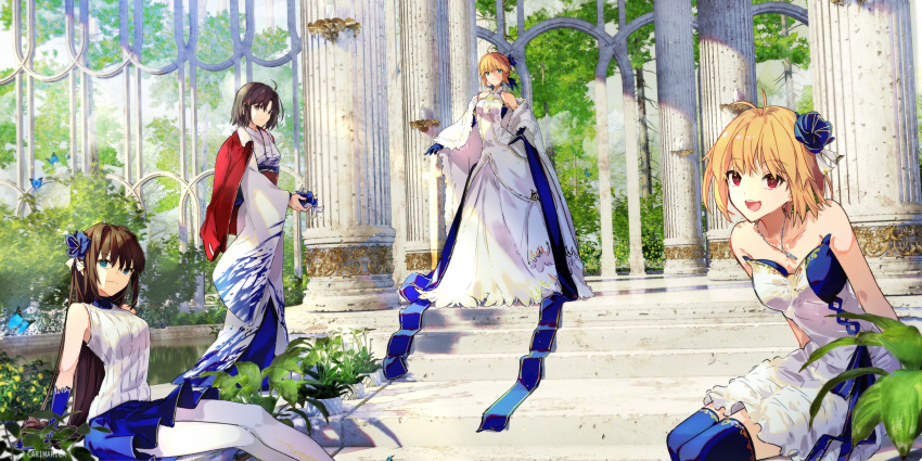 4girls, ahoge, aozaki_aoko, arcueid_brunestud, artoria_pendragon_(fate), bangs, blonde_hair, blue_eyes, braid, brown_eyes, brown_hair, carimarica, dress, fate_(series), green_eyes, hair_ornament, highres, jacket, japanese_clothes, jewelry, kara_no_kyoukai, kimono, long_hair, mahou_tsukai_no_yoru, multiple_girls, necklace, pillar, plant, red_eyes, red_jacket, ryougi_shiki, saber, short_hair, stairs, tsukihime, type-moon