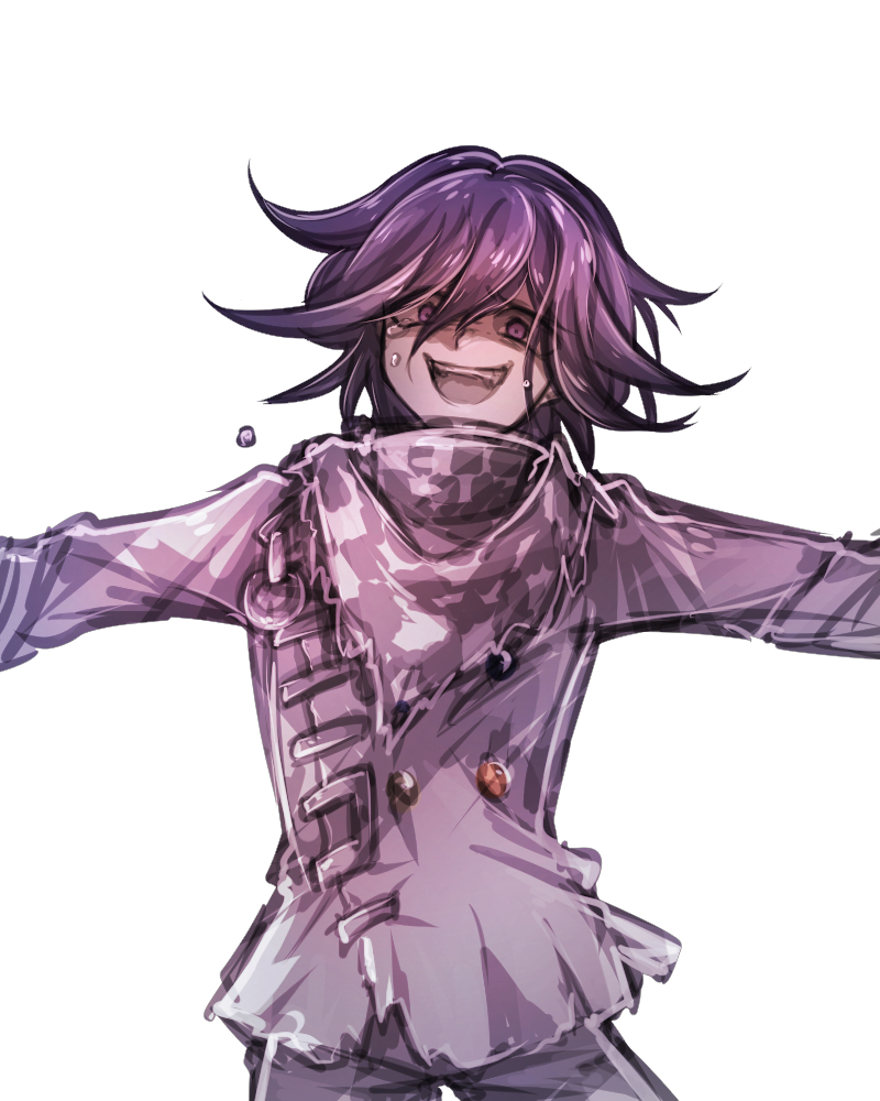 1boy, :d, bangs, checkered_clothes, checkered_scarf, cowboy_shot, danganronpa_(series), danganronpa_v3:_killing_harmony
