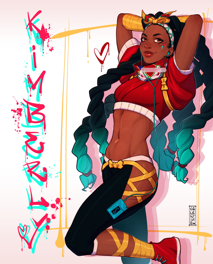1girl, abs, absurdres, against_wall, aqua_hair, arm_wrap, arms_behind_head, arms_up