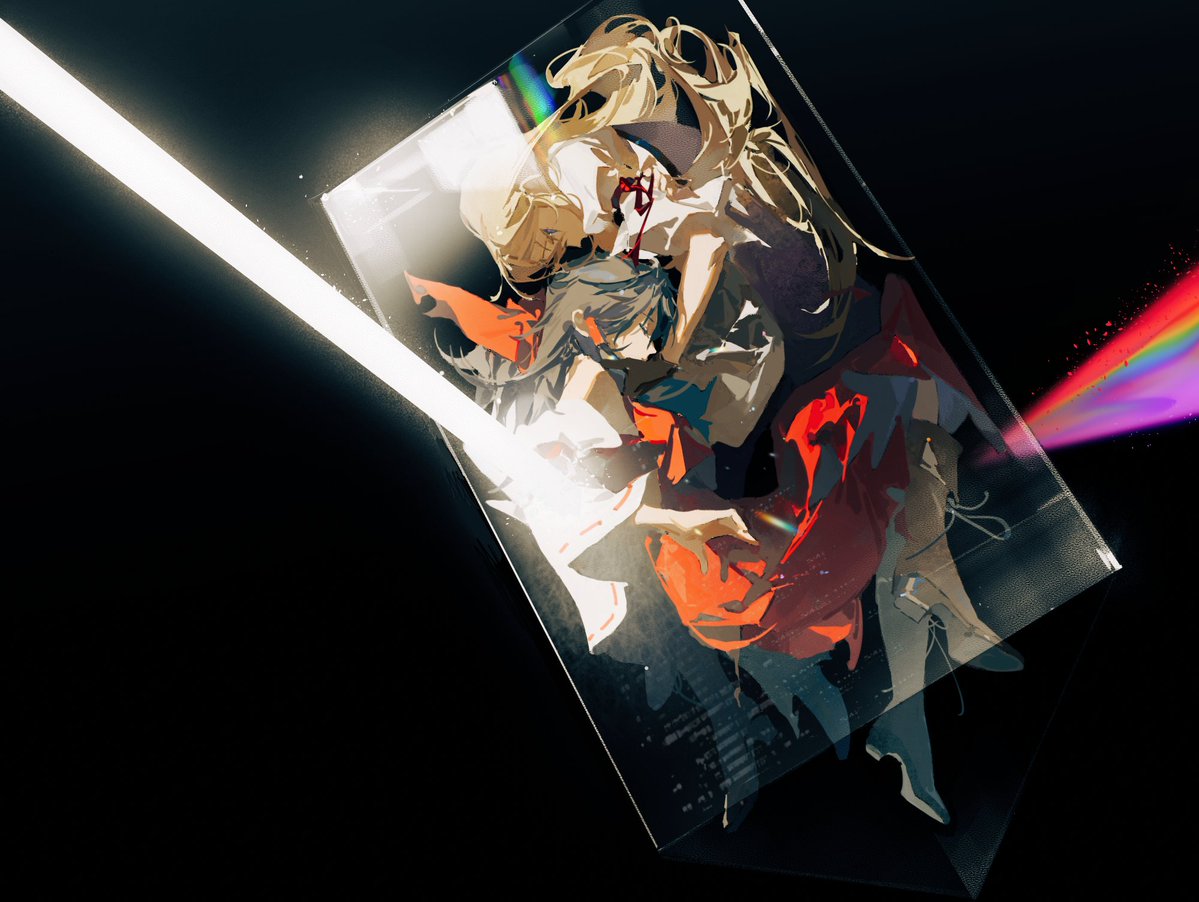 2girls, black_background, blonde_hair, bow, brown_footwear, brown_hair, closed_eyes, collared_shirt