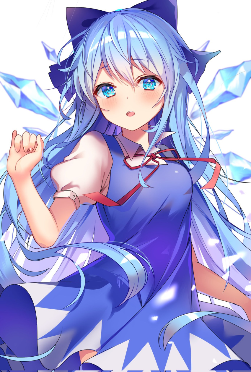 1girl, alternate_hair_length, alternate_hairstyle, bangs, blue_bow, blue_eyes, blue_hair, blush