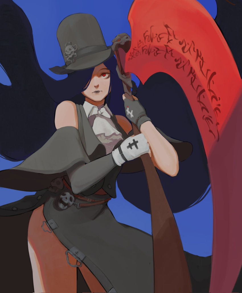 1other, androgynous, ascot, bare_shoulders, black_hair, choker, fingerless_gloves, gloves, guilty_gear, guilty_gear_strive, hat, highres, holding, knifesart, long_hair, looking_at_viewer, red_eyes, scythe, simple_background, skull, solo, testament_(guilty_gear), top_hat, weapon