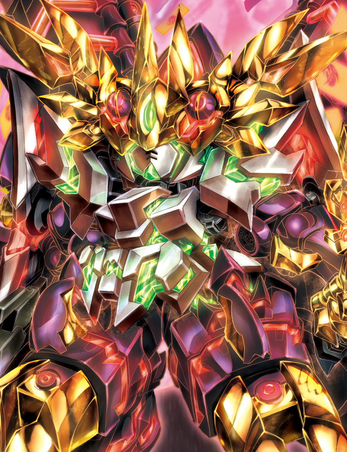 full_armor_knight_unicorn_gundam, glowing, glowing_eyes, gundam, knight_unicorn_gundam, mask, mecha, nt-d, open_hand, robot, science_fiction, sd_gundam, sd_gundam_ultimate_battle, solo, uungunover, v-fin, violet_eyes