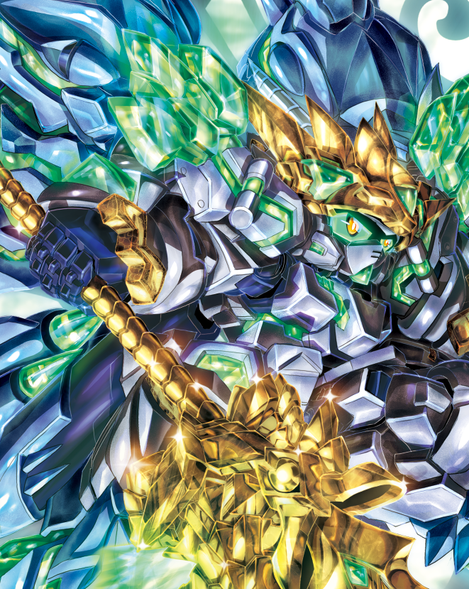 colored_sclera, glowing, glowing_eyes, green_sclera, gundam, holding, holding_sword, holding_weapon, knight_unicorn_gundam, mecha, no_humans, nt-d, orange_eyes, robot, science_fiction, sd_gundam, sd_gundam_ultimate_battle, solo, sword, uungunover, v-fin, weapon