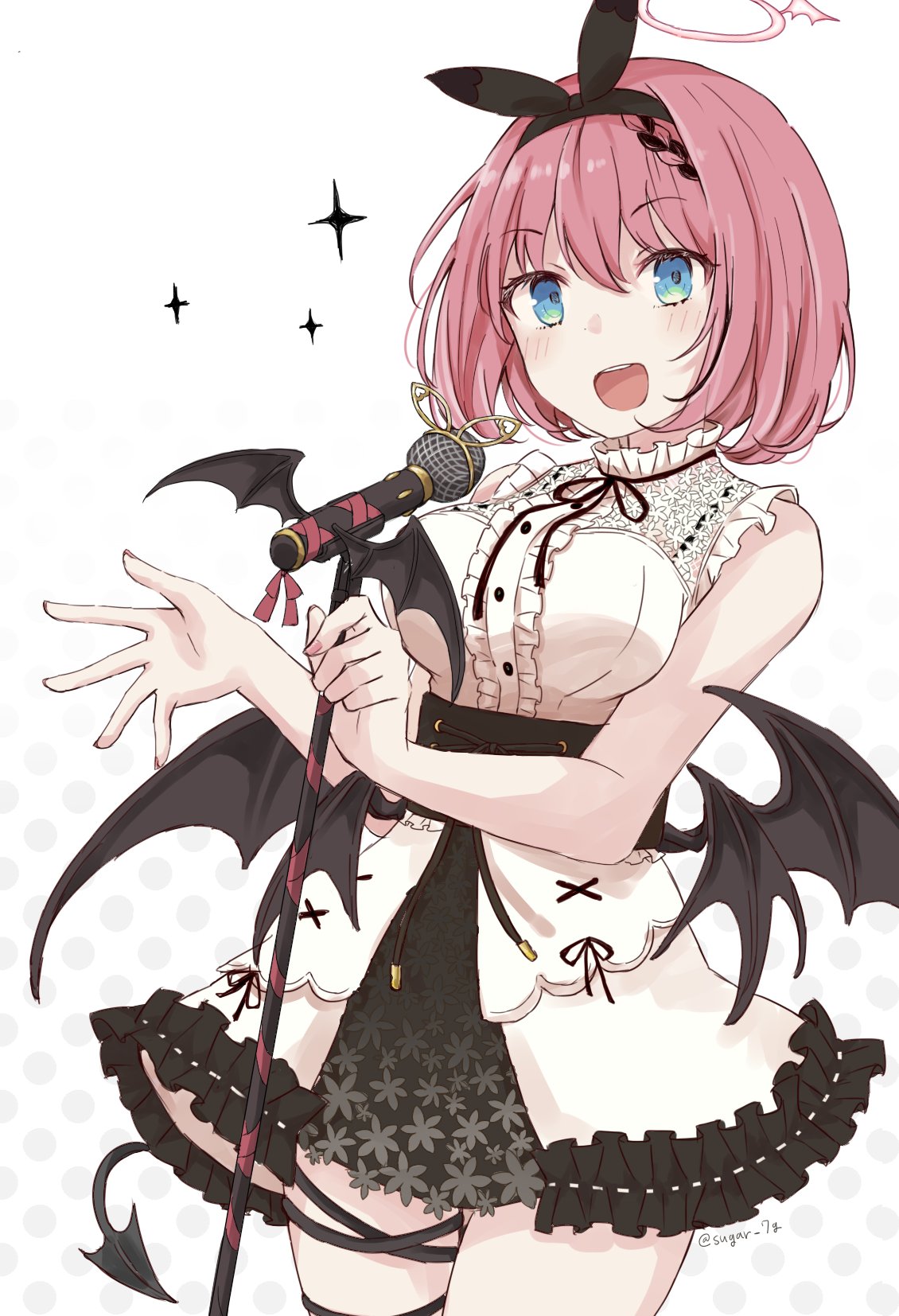 1girl, blue_eyes, hair_ornament, hairband, highres, looking_at_viewer, microphone, open_mouth