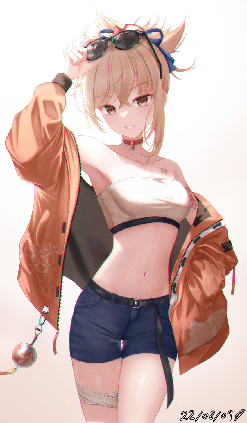 1girl, absurdres, alternate_costume, arm_up, armpits, bandaged_leg, bandages, bandeau