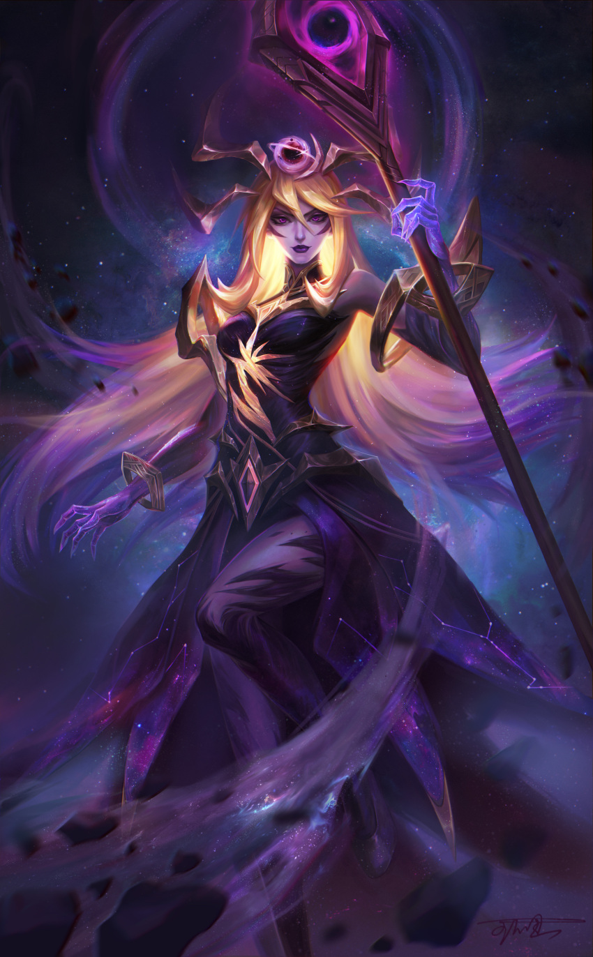 1girl, absurdres, bangs, bare_shoulders, blonde_hair, colored_skin, dark_cosmic_lux, detached_sleeves, dress, glowing, hair_ornament, highres, holding, holding_staff, league_of_legends, long_hair, looking_at_viewer, lux_(league_of_legends), magic, official_alternate_costume, purple_dress, purple_skin, shiny, shiny_hair, shoes, signature, solo, space, staff, wang_bu_chou