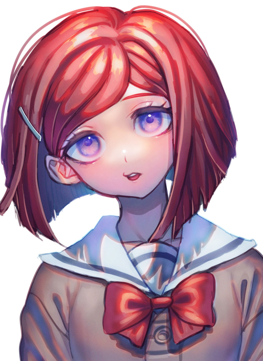 1girl, :o, bangs, bow, bowtie, brown_cardigan, cardigan, collarbone