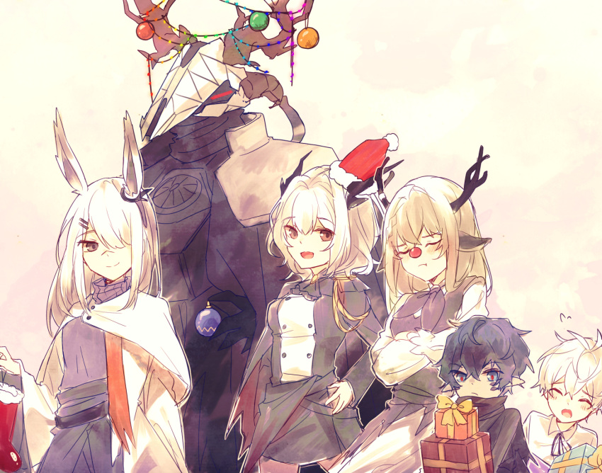 3boys, antlers, arknights, aruke0, black_hair, black_shirt, character_request, christmas, closed_eyes, faust_(arknights), frostnova_(arknights), gift, highres, horns, mask, mephisto_(arknights), multiple_boys, open_mouth, patriot_(arknights), reindeer_antlers, ribbon, shirt, short_hair, skull, skull_on_head, talulah_(arknights), white_hair, white_shirt