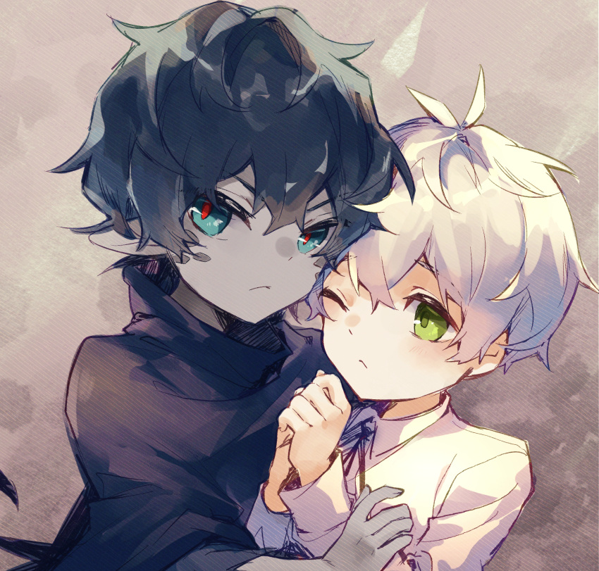 2boys, angry, arknights, aruke0, bishounen, black_shirt, blue_eyes, closed_mouth