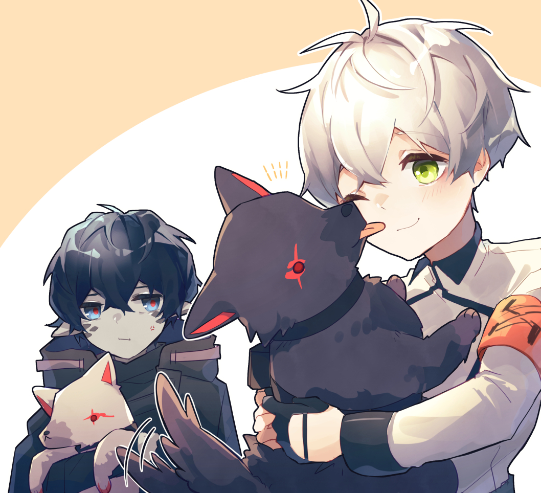 2boys, arknights, armband, aruke0, bishounen, black_hair, blush, coat