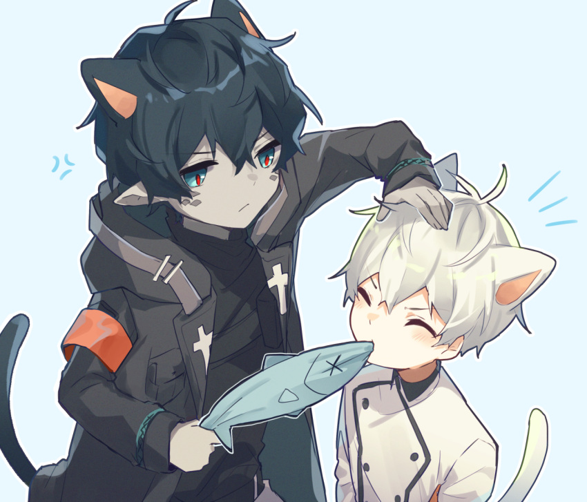 2boys, ahoge, anger_vein, animal_ears, arknights, armband, aruke0, bishounen