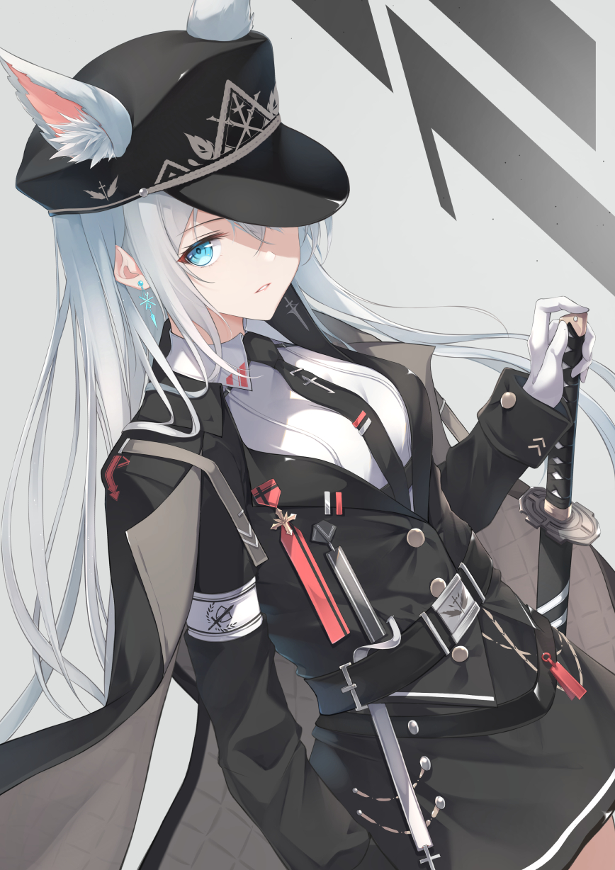 1girl, animal_ear_fluff, animal_ears, armband, black_headwear, black_jacket, black_necktie, black_skirt