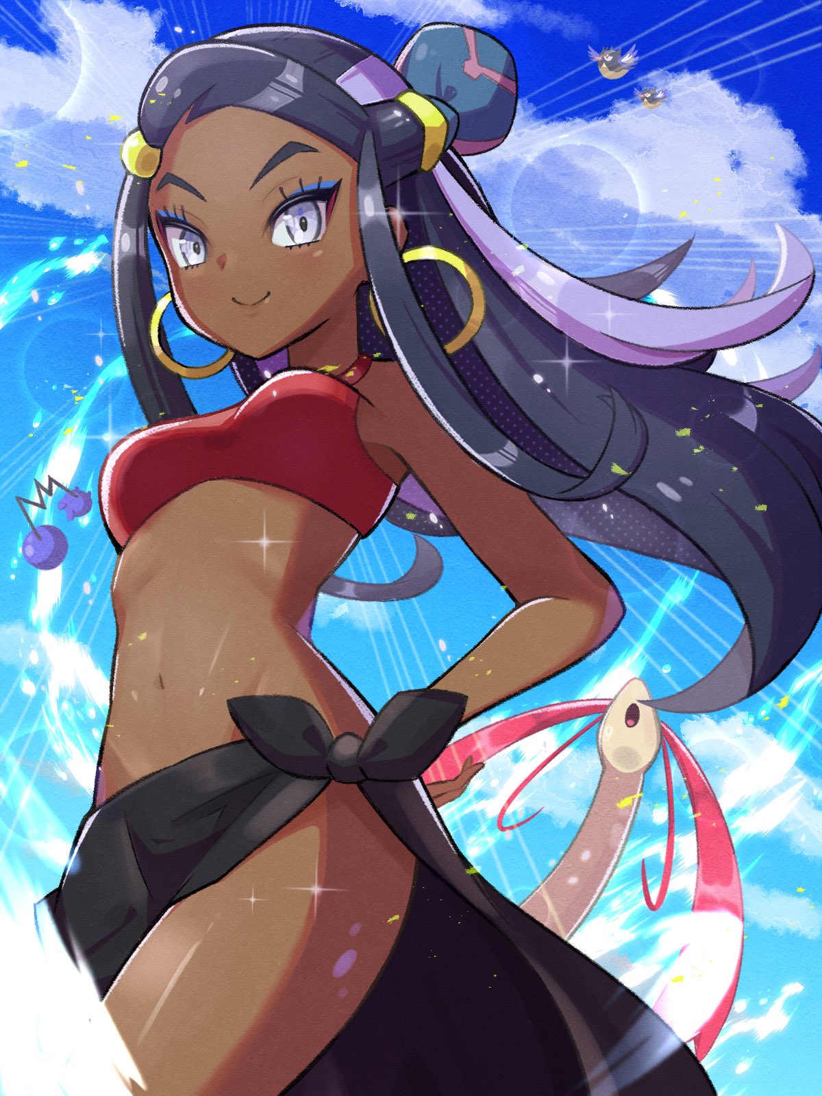 1girl, azurill, black_hair, blue_hair, breasts, clouds, dark-skinned_female, dark_skin