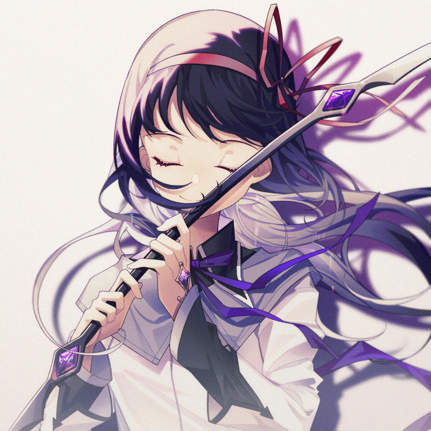 1girl, akemi_homura, bangs, bow_(weapon), capelet, chinese_commentary, closed_eyes, collared_capelet, commentary_request, drop_shadow, facing_viewer, gem, hair_ribbon, hairband, hands_up, highres, holding, holding_bow_(weapon), holding_weapon, jacket, long_hair, long_sleeves, mahou_shoujo_madoka_magica, neck_ribbon, no_nonet, purple_capelet, purple_gemstone, purple_hair, red_hairband, red_ribbon, ribbon, simple_background, smile, solo, upper_body, weapon, white_background, white_jacket