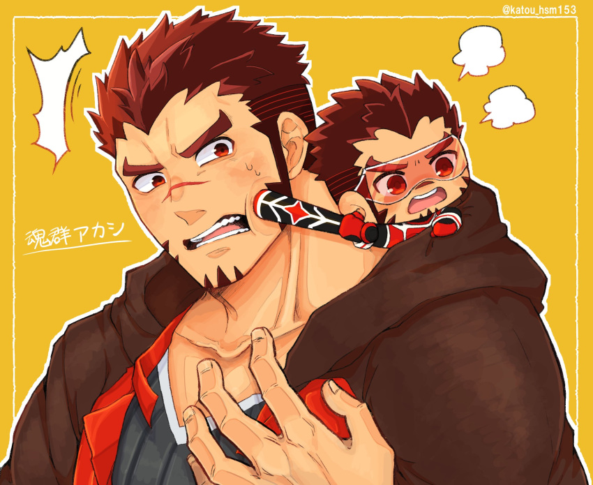 1boy, akashi_(live_a_hero), baseball_bat, black_jacket, black_shirt, chibi, facial_hair, highres