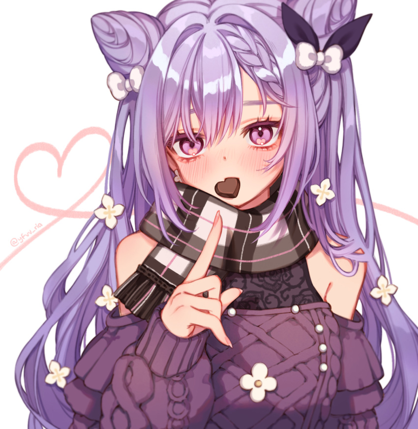 1girl, bangs, bare_shoulders, black_scarf, blush, bow, braid, breasts, candy, checkered_clothes, checkered_scarf, chocolate, clothing_cutout, cone_hair_bun, double_bun, earrings, eyelashes, fingernails, flower, flower_earrings, food, food_in_mouth, genshin_impact, hair_bow, hair_bun, hair_flower, hair_intakes, hair_ornament, hand_up, heart, heart-shaped_chocolate, heart_in_eye, highres, jewelry, keqing_(genshin_impact), large_breasts, long_hair, long_sleeves, looking_at_viewer, mouth_hold, multicolored_clothes, multicolored_scarf, nail_polish, pink_nails, pointing, purple_bow, purple_hair, purple_sweater, ria_(yfvv_ria), scarf, shiny, shiny_hair, shoulder_cutout, simple_background, sleeves_past_wrists, solo, sweater, symbol_in_eye, twintails, twitter_username, upper_body, valentine, violet_eyes, white_background, white_bow, white_flower, white_scarf