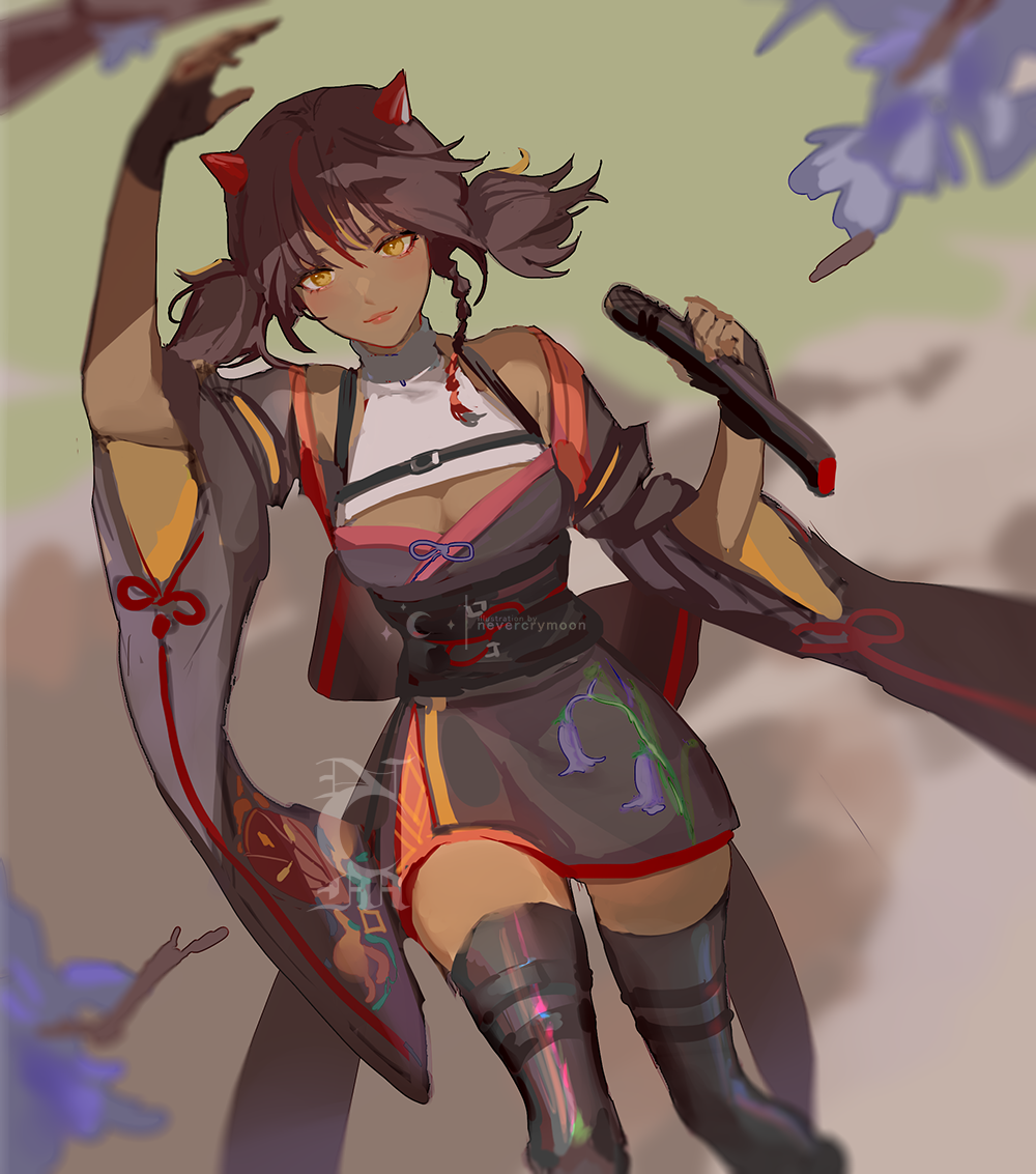1girl, arm_up, bangs, belt, black_gloves, black_hair, black_thighhighs, chinese_clothes