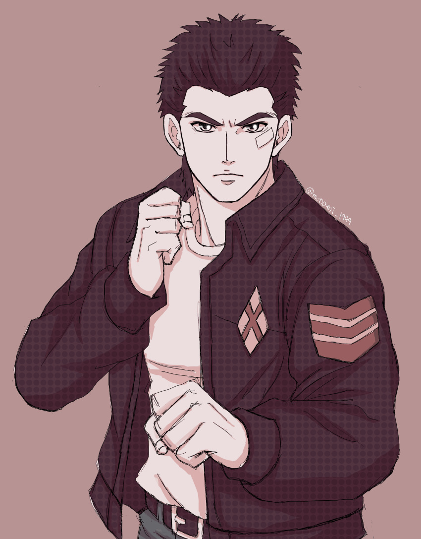 1boy, absurdres, bandage_on_face, bandages, belt, belt_buckle, black_hair, brown_jacket
