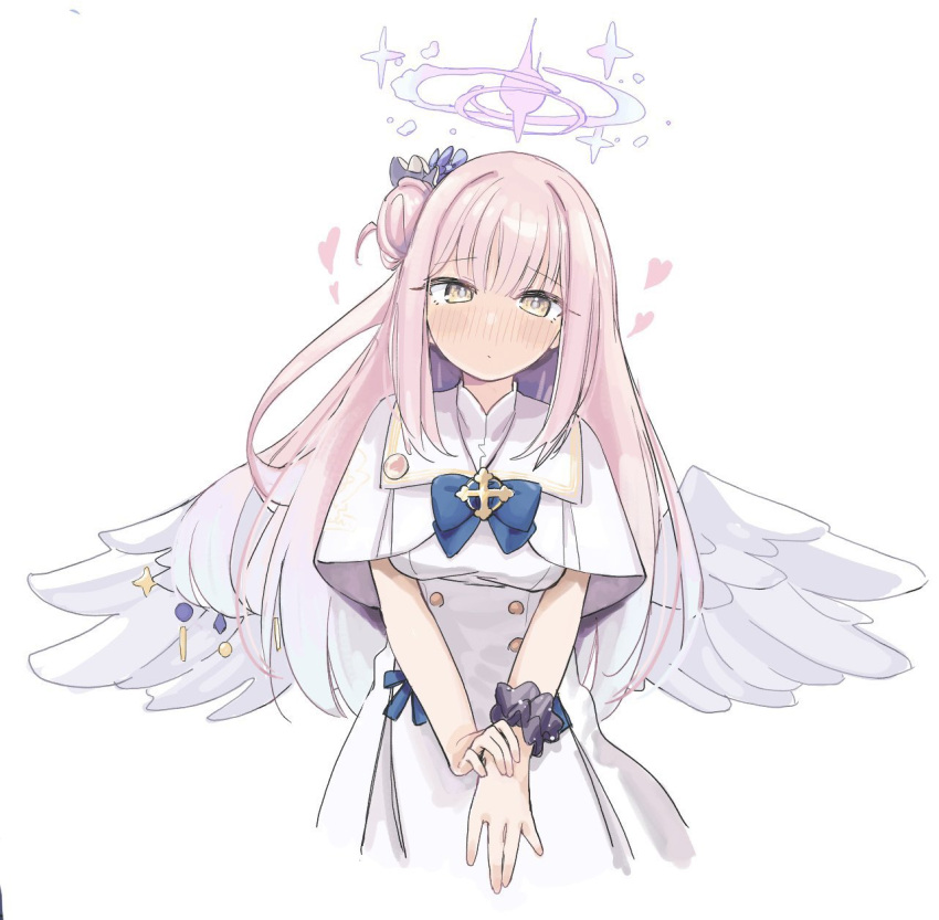 1girl, angel_wings, blue_archive, blush, capelet, flower, full-face_blush, hair_bun