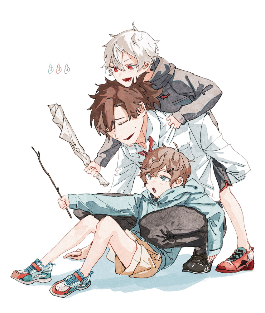 3boys, ahoge, animal_print, bat_print, black_footwear, blue_footwear, blue_hoodie, branch