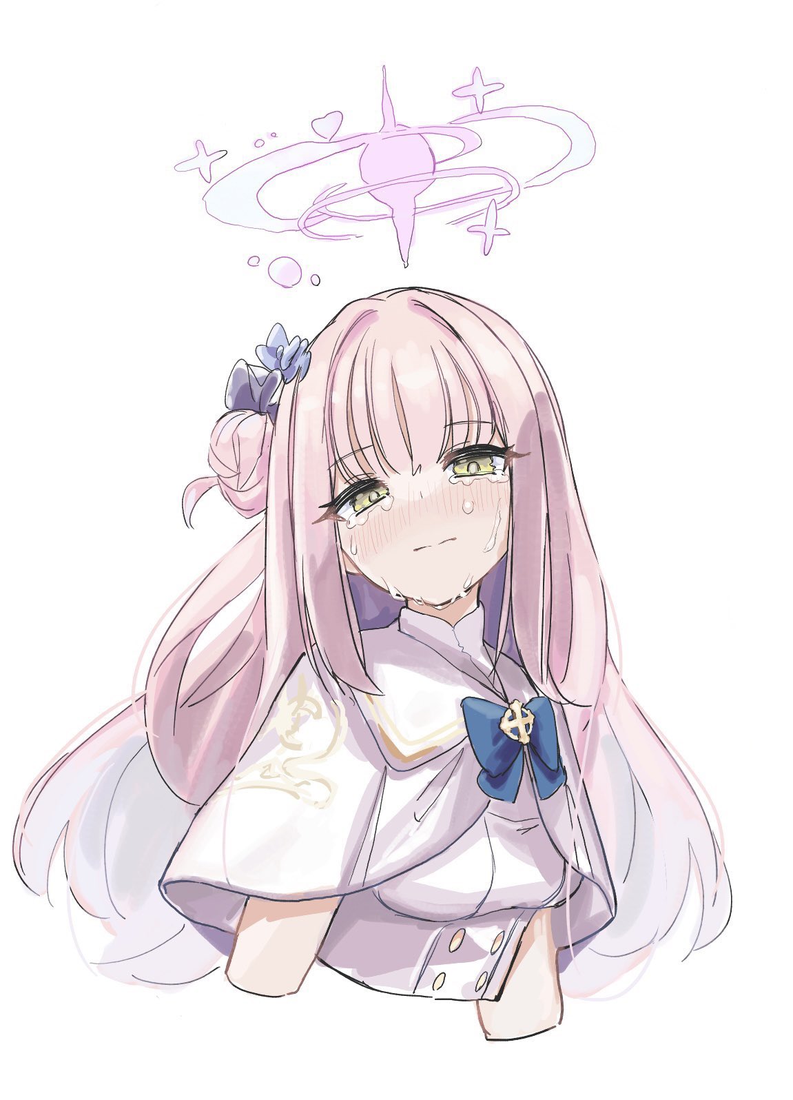 1girl, bangs, blue_archive, blue_bow, blush, bow, capelet, closed_mouth