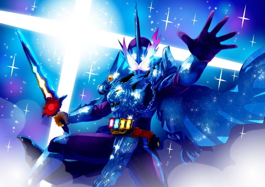 1boy, absurdres, armor, asymmetrical_armor, asymmetrical_gloves, blue_background, blue_scarf, blue_theme