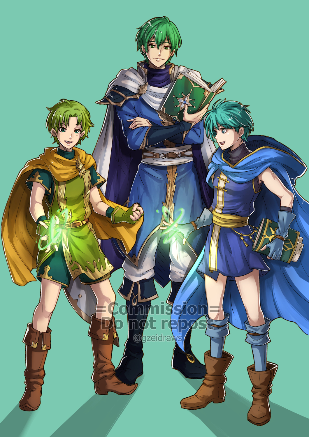 3boys, :d, armor, asbel_(fire_emblem), bangs, black_footwear, blue_cape, blue_jacket, blue_shirt, book, boots, brown_footwear, cape, ced_(fire_emblem), clenched_hand, fingerless_gloves, fire_emblem, fire_emblem:_genealogy_of_the_holy_war, fire_emblem:_the_binding_blade, fire_emblem:_thracia_776, gloves, green_background, green_eyes, green_gloves, green_hair, green_shirt, green_shorts, gzei, highres, holding, holding_book, hood, hooded_cape, jacket, long_sleeves, looking_at_viewer, lugh_(fire_emblem), magic, male_focus, multiple_boys, open_mouth, pants, pauldrons, shadow, shirt, short_hair, short_sleeves, shorts, shoulder_armor, simple_background, sleeveless, sleeveless_shirt, smile, white_cape, white_pants, yellow_cape