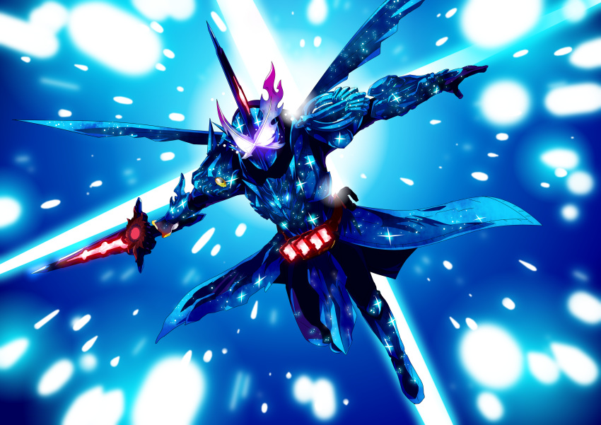 1boy, absurdres, armor, asymmetrical_armor, asymmetrical_gloves, bird, blue_background, blue_gloves